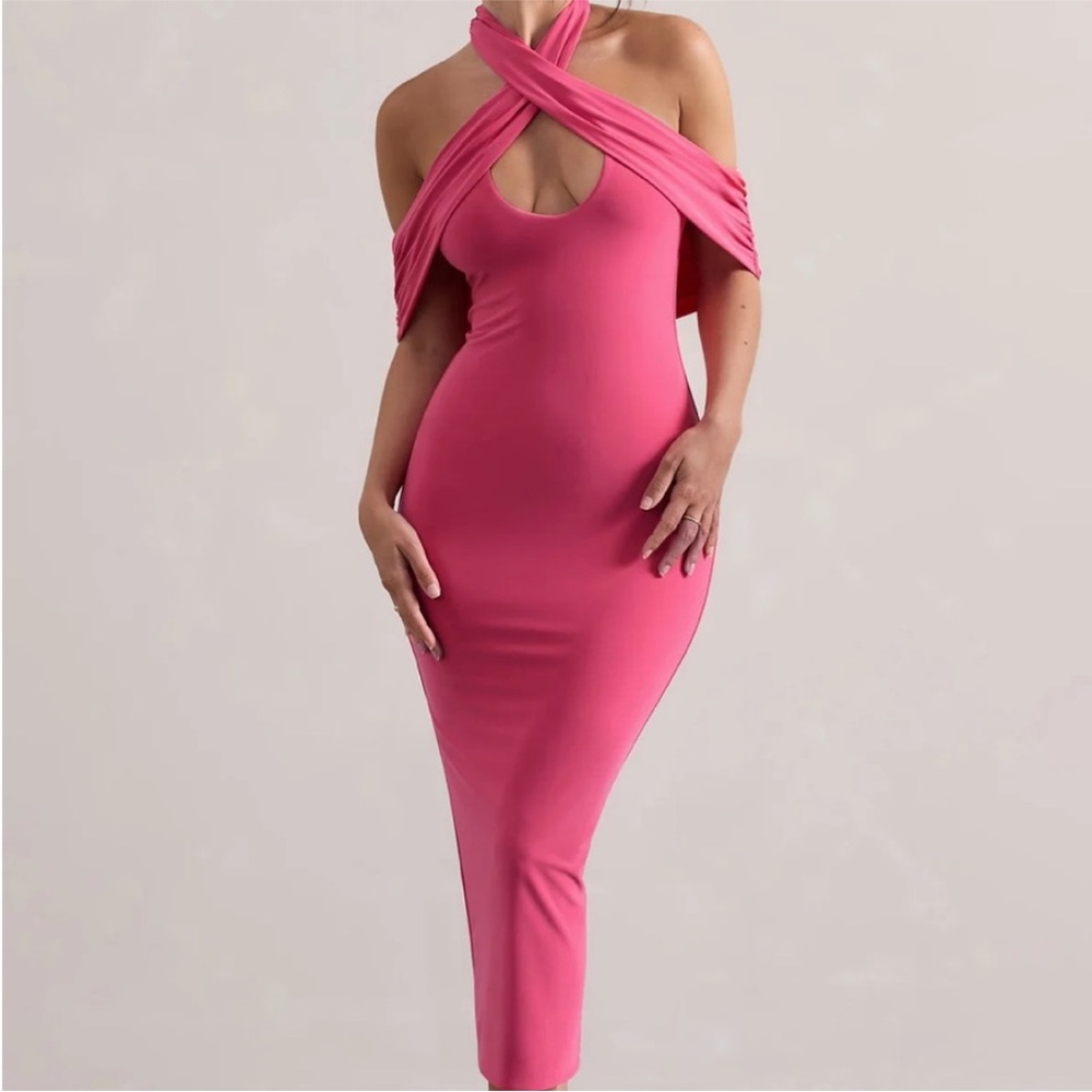 Club L London Pink Cross-Neck Midi Dress
